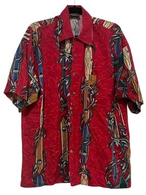Monzini Collection Hawaiian Shirt Mens Large Red Surfboard Surf Waves Button Up